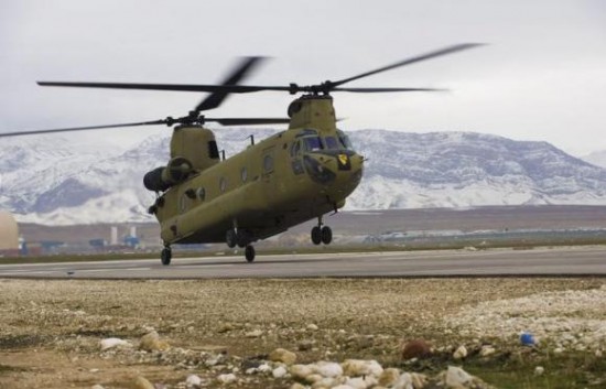 U.S. Army handout file photo shows a CH-47F Chinook helicopter landing at Camp Marmal in Mazar-e Sharif province